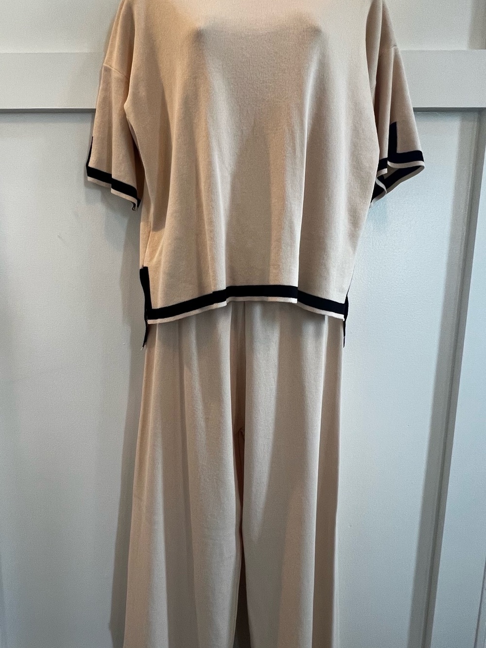 Relaxed Wide-Leg Jumpsuit Set in Beige with Black Trim